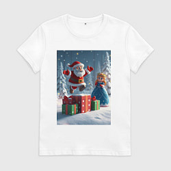 Футболка хлопковая женская Дед Морозио и Принцесса Снегурочка: c подарками в, цвет: белый