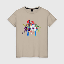 Футболка хлопковая женская Попугаи с цветами, цвет: миндальный