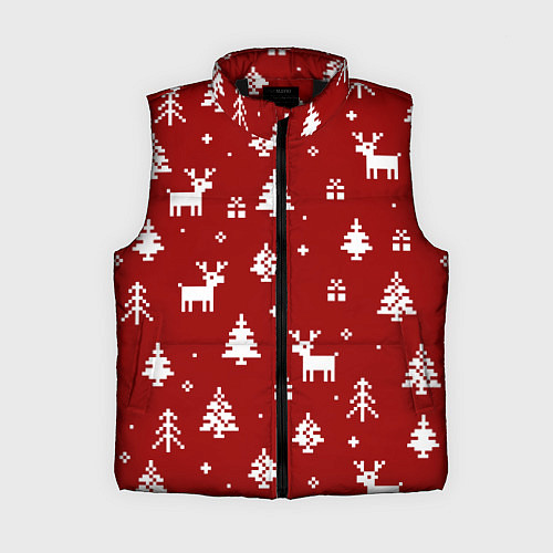 Женский жилет Новогодние олени и елки на красном фоне / 3D-Черный – фото 1