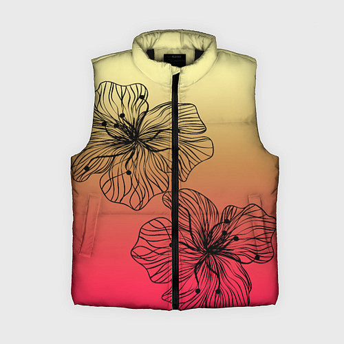 Женский жилет Черные абстрактные цветы на красно-желтом градиент / 3D-Черный – фото 1