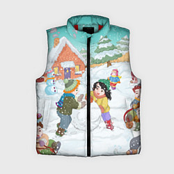 Женский жилет Новогодние каникулы - дети лепят снеговика