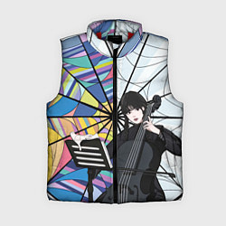 Женский жилет Уэнсдэй играет на виолончели на фоне окна