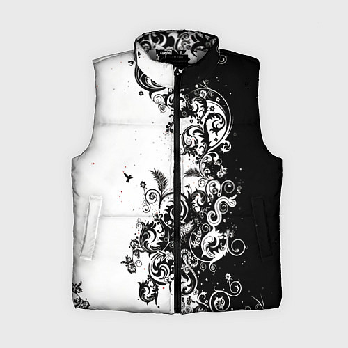 Женский жилет Черно-белая птица среди узорчатых цветов / 3D-Светло-серый – фото 1