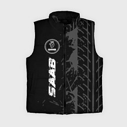 Женский жилет Saab speed на темном фоне со следами шин: по-верти