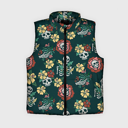 Женский жилет Скелеты и черепа среди цветов / 3D-Светло-серый – фото 1