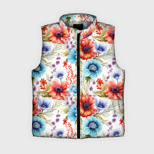 Женский жилет Синие и красные маки на белом - паттерн / 3D-Светло-серый – фото 1