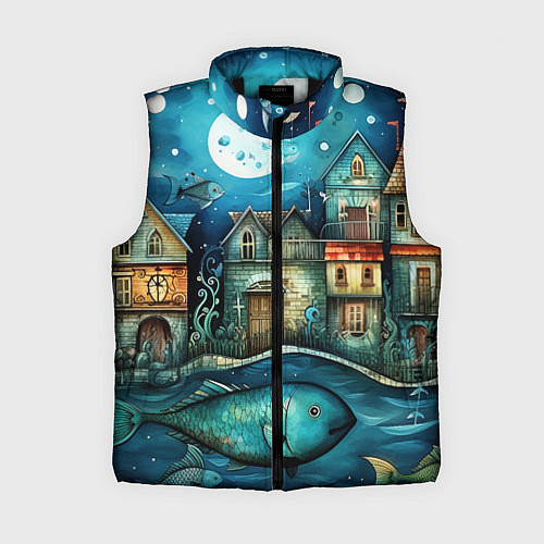 Женский жилет Сказочные рыбовы в стиле фолк-арт» / 3D-Черный – фото 1