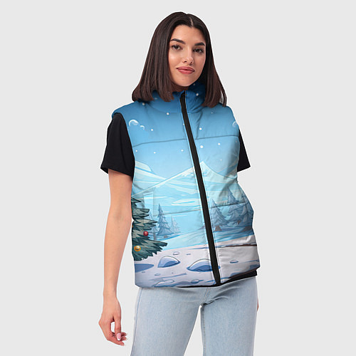 Женский жилет Новогодний пейзаж с елками / 3D-Красный – фото 3
