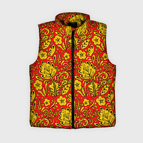 Женский жилет Хохломская роспись золотистые цветы на красном фон / 3D-Черный – фото 1