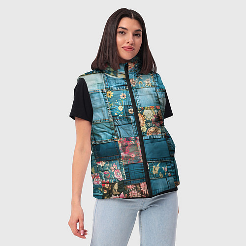 Женский жилет Джинсовые лоскуты с цветочками / 3D-Красный – фото 3
