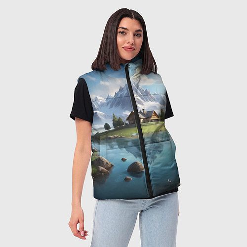 Женский жилет Чудесный день на берегу озера в горах / 3D-Красный – фото 3