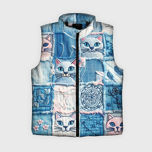 Женский жилет Кошки на пэчворк джинсах паттерн / 3D-Черный – фото 1