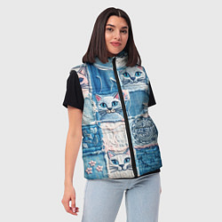 Женский жилет Кошки на пэчворк джинсах паттерн, цвет: 3D-черный — фото 2