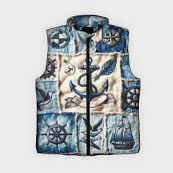 Женский жилет Пэчворк с якорем - джинсовка моряка, цвет: 3D-черный