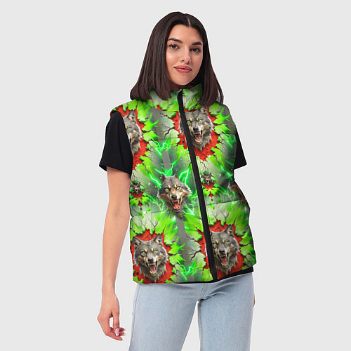 Женский жилет Волки из зеленого паттерна / 3D-Красный – фото 3