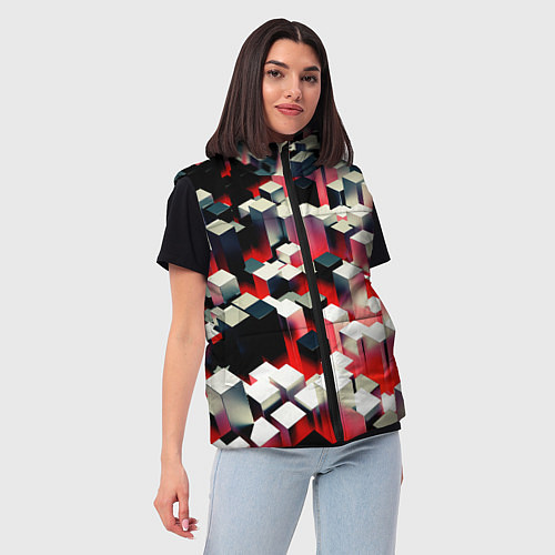 Женский жилет Черно-белые блоки в красном тумане / 3D-Красный – фото 3