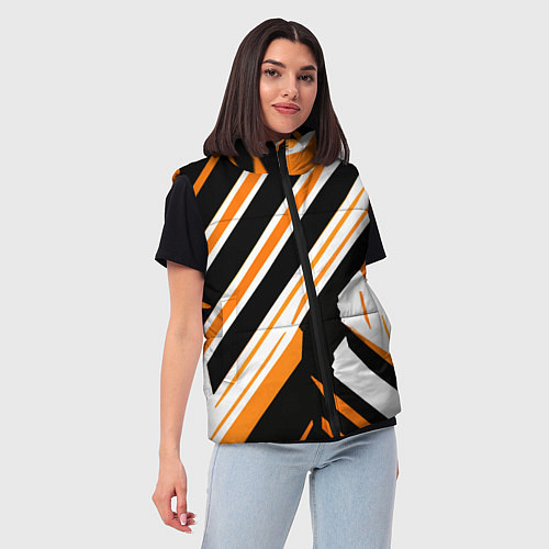 Женский жилет Чёрно-оранжевые полосы на белом фоне / 3D-Красный – фото 3