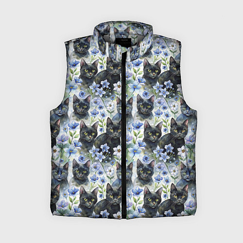 Женский жилет Черные коты в незабудках / 3D-Светло-серый – фото 1