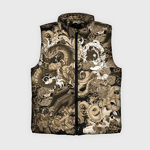 Женский жилет Японские драконы с самураем в бежевом цвете / 3D-Черный – фото 1