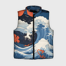 Женский жилет Япония волны алые цветы, цвет: 3D-светло-серый
