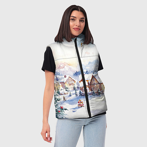 Женский жилет Новогодний снежный город / 3D-Красный – фото 3