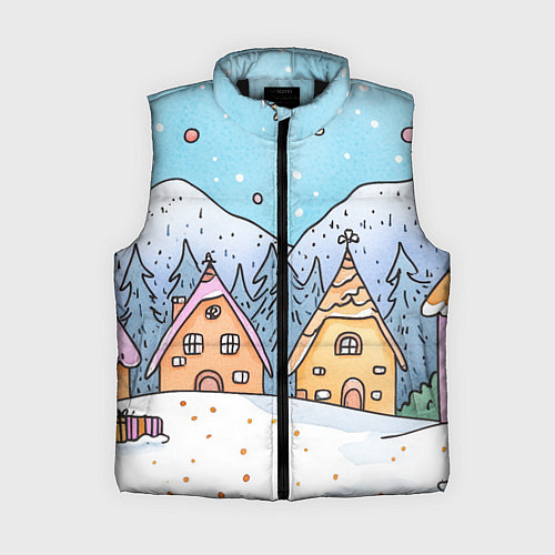 Женский жилет Новогодние рисованные домики / 3D-Черный – фото 1