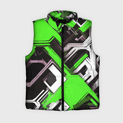 Женский жилет Бело-зелёный техно паттерн на чёрном фоне / 3D-Черный – фото 1