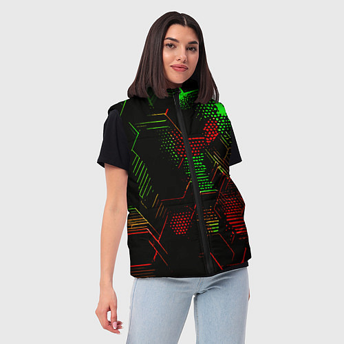 Женский жилет Красно-зелёные точки и линии на чёрном фоне / 3D-Красный – фото 3