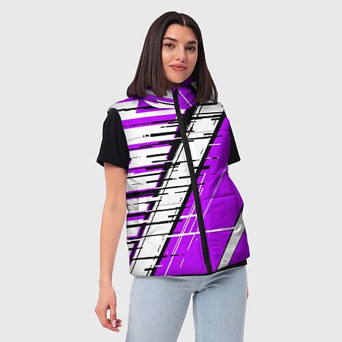 Женский жилет Чёрно-белые глитч полосы на фиолетовом фоне / 3D-Красный – фото 3