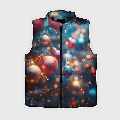 Женский жилет Красные и синие шары на фоне елки / 3D-Черный – фото 1