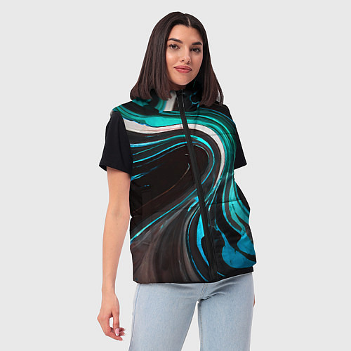 Женский жилет Волнистые бело-голубые линии на чёрном фоне / 3D-Красный – фото 3