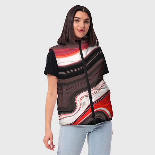 Женский жилет Волнистые горизонтальные чёрно-красные полосы на б / 3D-Красный – фото 3