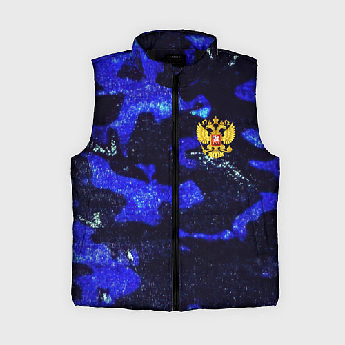 Женский жилет Синий потертый камуфляж и герб РФ / 3D-Черный – фото 1