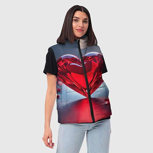 Женский жилет Хрустальное красное сердце на сером фоне с боке / 3D-Красный – фото 3