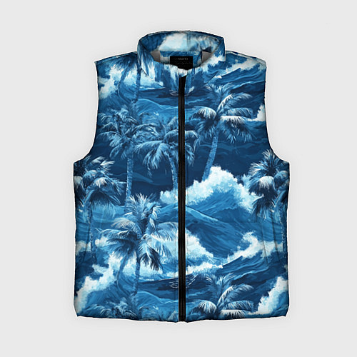 Женский жилет Пальмы и волны - голубые оттенки паттерн / 3D-Светло-серый – фото 1