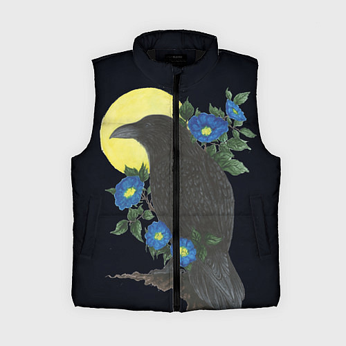 Женский жилет Чёрный ворон на ветке среди синих цветов под луной / 3D-Черный – фото 1