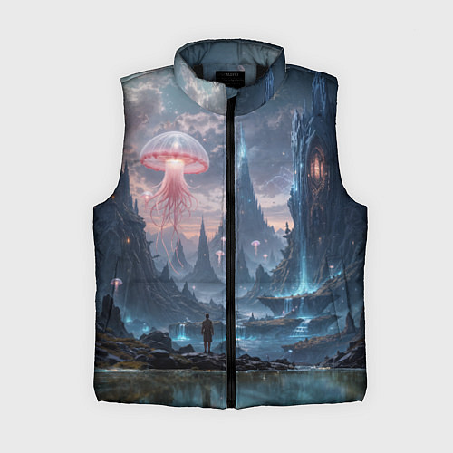 Женский жилет Фантастический мир с медузами и озеро у гор / 3D-Черный – фото 1