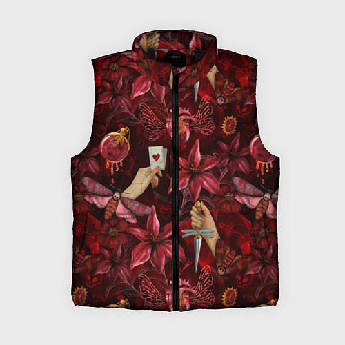 Женский жилет Бордовая готика с сердцем, лилиями и мотыльками / 3D-Черный – фото 1