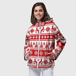 Ветровка с капюшоном женская Новый Год Олени и снежинки, цвет: 3D-белый — фото 2