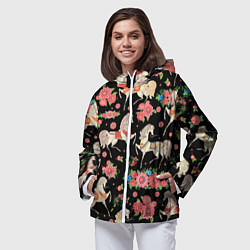 Ветровка с капюшоном женская Лошади и цветы, цвет: 3D-белый — фото 2