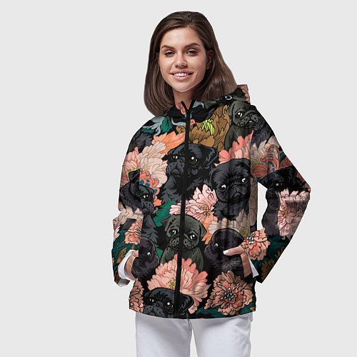 Женская ветровка Мопсы и Цветы / 3D-Черный – фото 3