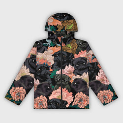 Ветровка с капюшоном женская Мопсы и Цветы, цвет: 3D-черный