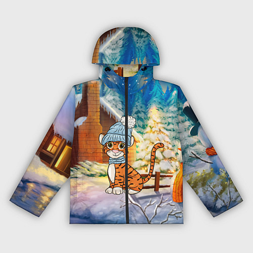 Женская ветровка Тигренок на фоне зимнего дома / 3D-Черный – фото 1