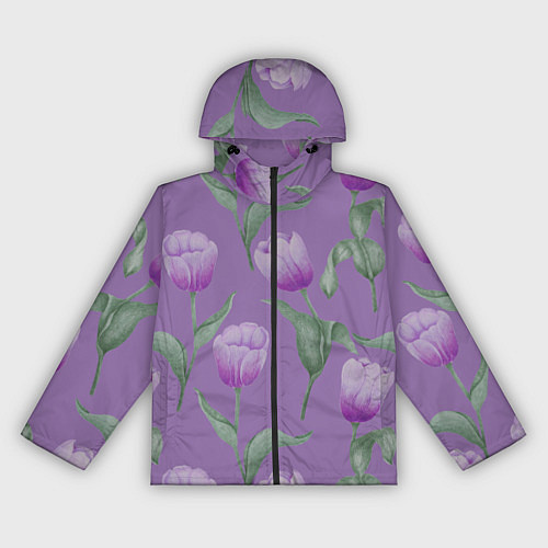 Женская ветровка Фиолетовые тюльпаны с зелеными листьями / 3D-Черный – фото 1