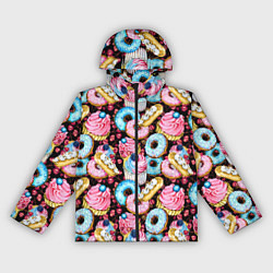 Ветровка с капюшоном женская Узор из сладостей на черном фоне, цвет: 3D-черный
