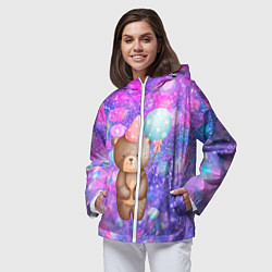 Ветровка с капюшоном женская День Рождения - Медвежонок с шариками, цвет: 3D-белый — фото 2