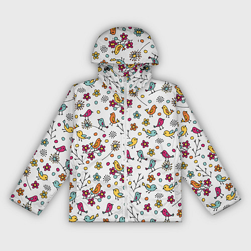 Женская ветровка Птицы и цветы Разноцветный узор в дудл стиле / 3D-Белый – фото 1