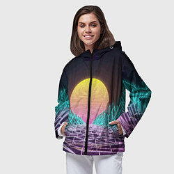 Ветровка с капюшоном женская Vaporwave Закат солнца в горах Neon, цвет: 3D-черный — фото 2