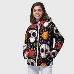 Ветровка с капюшоном женская Веселые черепа в цветах, цвет: 3D-белый — фото 2