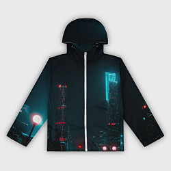 Ветровка с капюшоном женская Неоновые высотки в городе - Светло-синий, цвет: 3D-белый